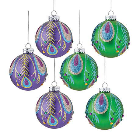Glass Peacock Ornaments - Set of 6