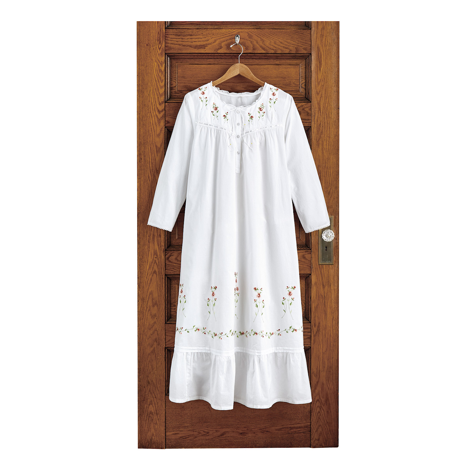 Chrissy White Cotton Nightgown with Hand Embroidered Pink Rosebuds